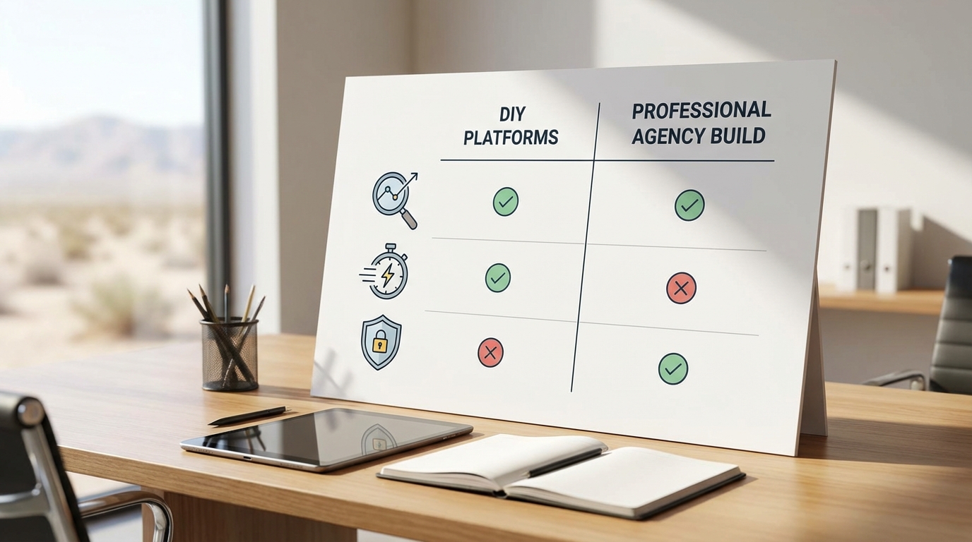 The Real Cost of a Small Business Website in Bullhead City: A 2026 Budget Guide 2 Infographic comparing DIY vs professional website features like custom SEO and speed for Bullhead City small businesses.