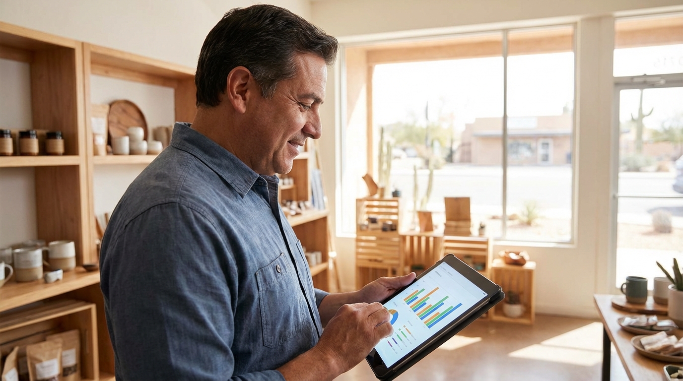 The Ultimate Guide to E-commerce for Bullhead City Retailers 2 Bullhead City retail owner viewing e-commerce sales analytics on a tablet to manage online store growth.