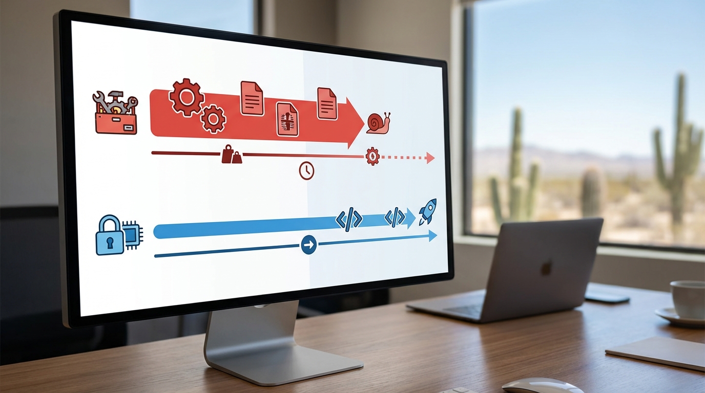 Loading speed comparison graph: custom web development vs. bloated templates showing faster site performance.