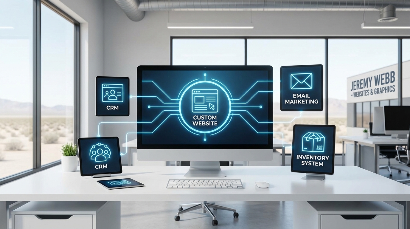 Custom web development hub integrating CRM, email marketing, and inventory systems for maximum business ROI.