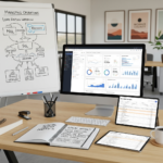 Ai-powered Marketing Automation: A modern laptop on a clean wooden desk, displaying a marketing analytics dashboard with