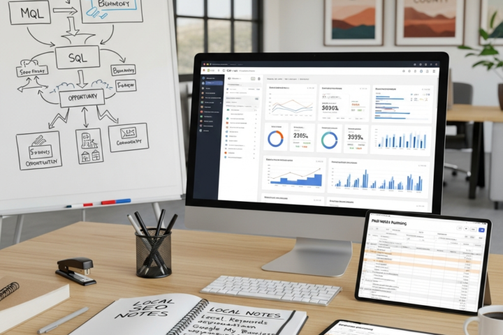 Ai-powered Marketing Automation: A modern laptop on a clean wooden desk, displaying a marketing analytics dashboard with