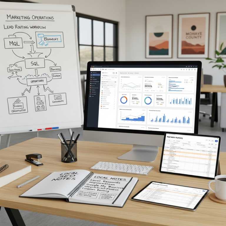 Ai-powered Marketing Automation: A modern laptop on a clean wooden desk, displaying a marketing analytics dashboard with